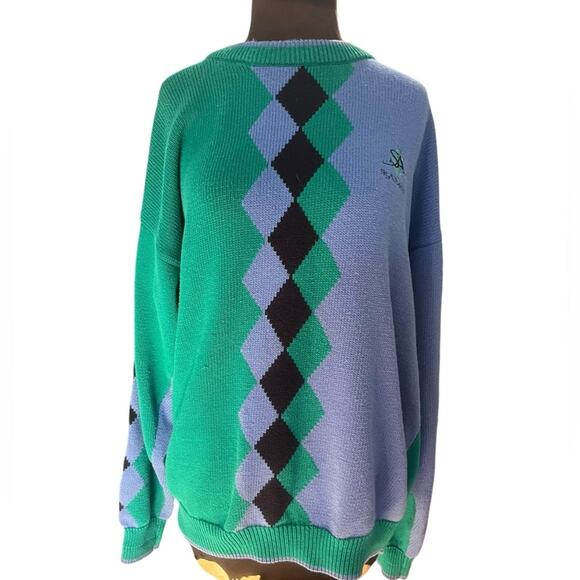 Vtg Izod St Albens Blue Green Argyle Preppy Golf Crewneck Sweater XL - Picture 1 of 8